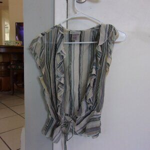 WHAREHOUSE SIZE 2 BLUE AND WHITE RUFFLE BLOUSE